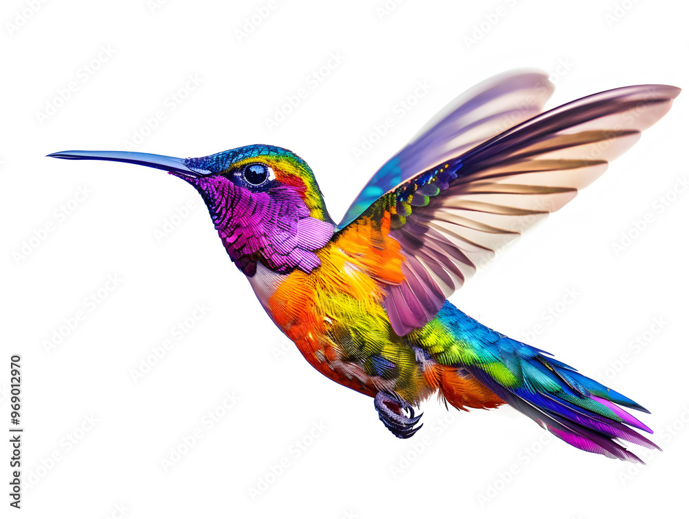 Fototapeta premium Beautiful bright colorful hummingbird in flight. Neural network AI generated art