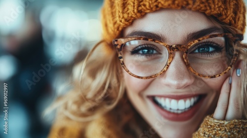 A close-up of a smiling woman wearing fashionable glasses and an orange knitted hat, radiating happiness, warmth, and vibrant winter charm in a crisp setting.