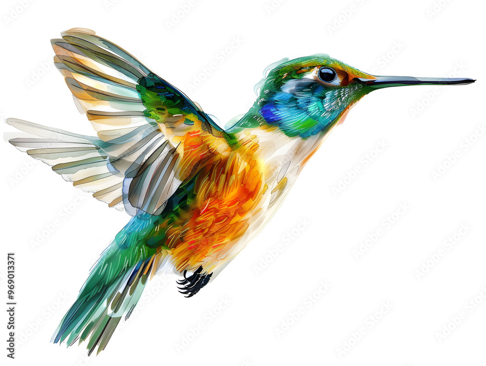 Fototapeta premium Beautiful bright colorful hummingbird in flight. Neural network AI generated art