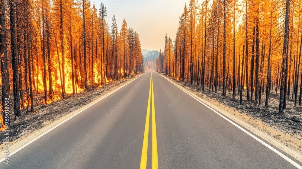 Fototapeta premium Road Through a Fire-Damaged Forest.