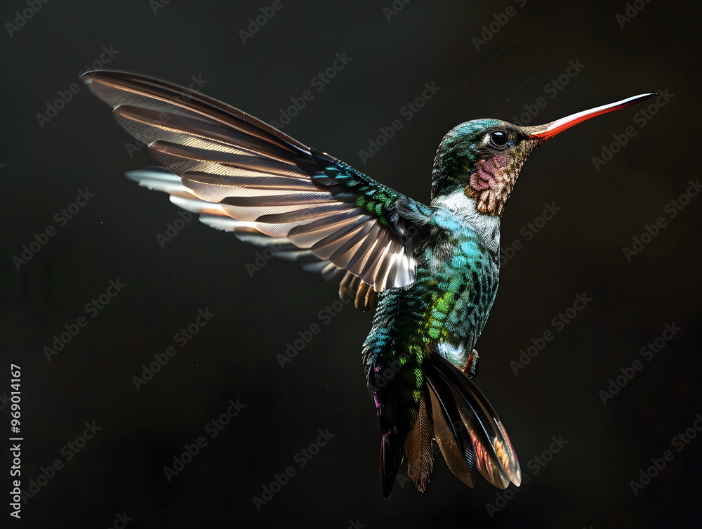 Obraz premium Beautiful bright colorful hummingbird in flight. Neural network AI generated art