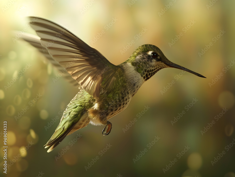 Fototapeta premium Beautiful bright colorful hummingbird in flight. Neural network AI generated art