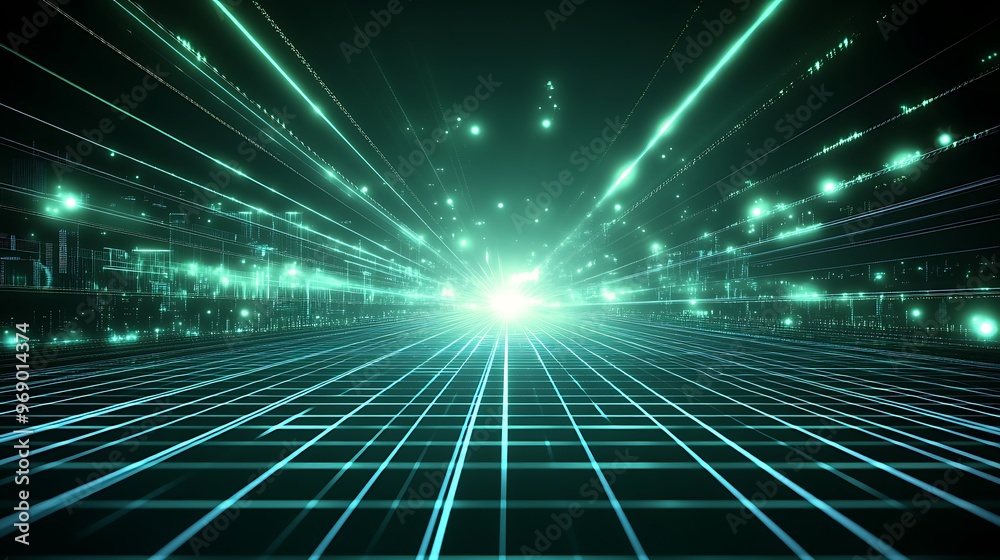 Futuristic digital illustration with glowing lines and light beams creating a sense of depth and motion in a virtual space. Futuristic digital illustration with glowing lines and light beams creating a sense of depth and motion in a virtual space.