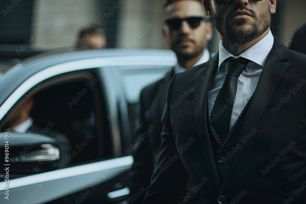 Serious and ready professional bodyguards in suits generative AI technology Serious and ready professional bodyguards in suits generative AI technology
