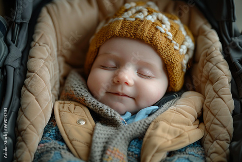 Cute small baby in buggy stroller carriage promenading with mommy happy childhood, Generative AI