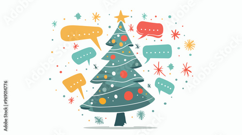 Cheerful Christmas Tree with Cute Speech Bubbles Flat Vector Illustration