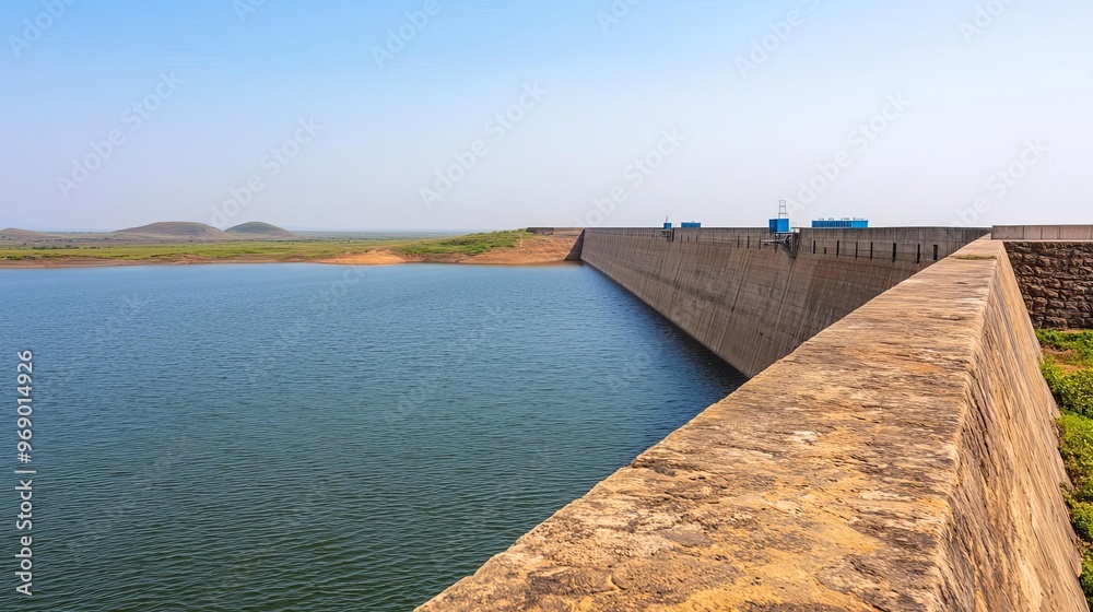 Obraz premium Water resource management, reservoir dams, clean water release points, field hydrologists, monitoring equipment, earthy tones, research, environmental balance