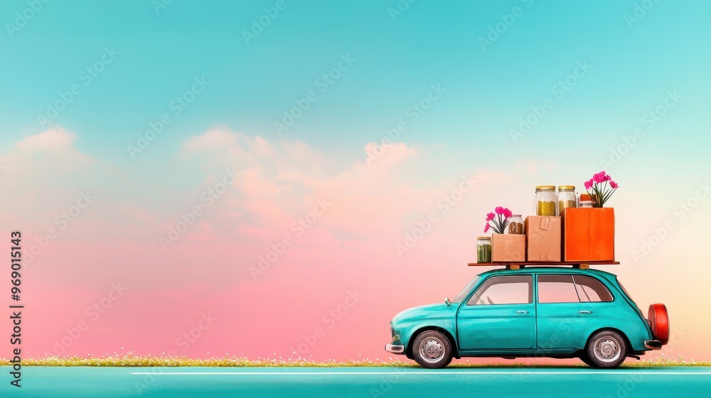 Journey to a New Beginning: Family Car Packed with Boxes and Savings Jars on the Road, Soft Watercolor Illustration with Copy Space Journey to a New Beginning: Family Car Packed with Boxes and Savings Jars on the Road, Soft Watercolor Illustration with Copy Space