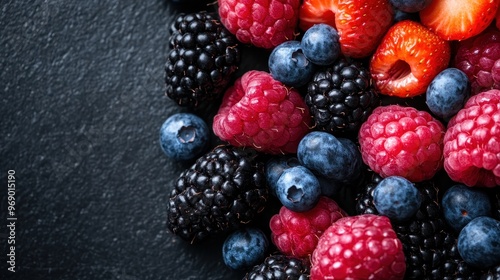 A close-up view of mixed fresh berries including raspberries, blackberries, blueberries, and strawberries arranged on a dark stone surface, showcasing their vibrant colors.