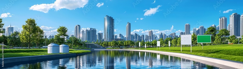 Urban water recycling, integrated city landscapes, greywater tanks, green spaces, awareness signs, skyline background, eco-conscious urban planning Urban water recycling, integrated city landscapes, greywater tanks, green spaces, awareness signs, skyline background, eco-conscious urban planning