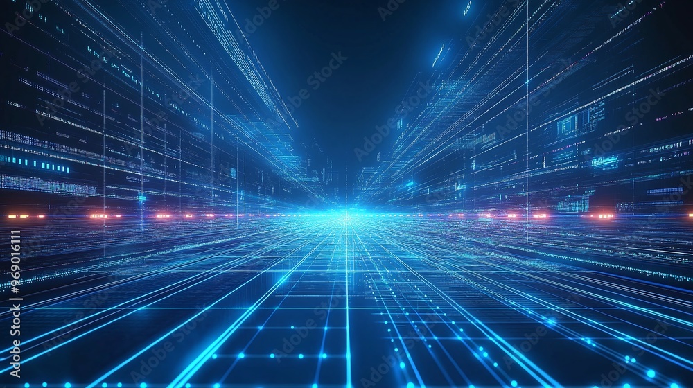 Futuristic digital landscape with glowing blue lines and lights, representing speed and innovation in technology. Futuristic digital landscape with glowing blue lines and lights, representing speed and innovation in technology.