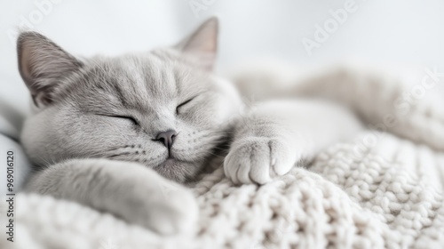 A peaceful scene of a gray cat sleeping soundly wrapped in a fluffy white blanket, capturing the essence of comfort, warmth, and tranquility in a domestic setting.