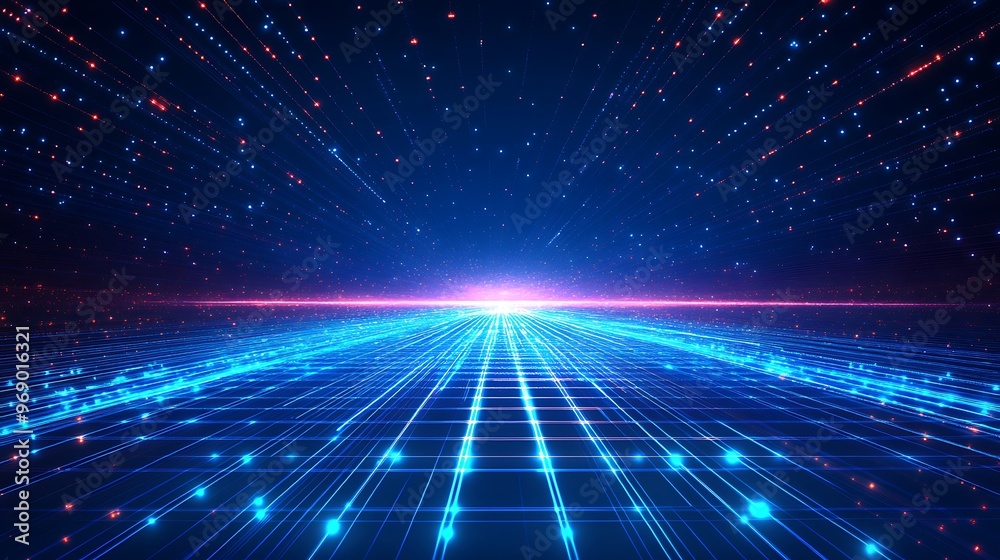 Futuristic digital landscape with glowing blue lines and stars, representing technological advancement and virtual reality. Futuristic digital landscape with glowing blue lines and stars, representing technological advancement and virtual reality.