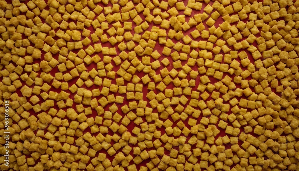 A detailed, overhead view of numerous golden cereal pieces spread out in a random pattern across a bright red background. The contrast of colors highlights the texture and uniformity of the cereal A detailed, overhead view of numerous golden cereal pieces spread out in a random pattern across a bright red background. The contrast of colors highlights the texture and uniformity of the cereal