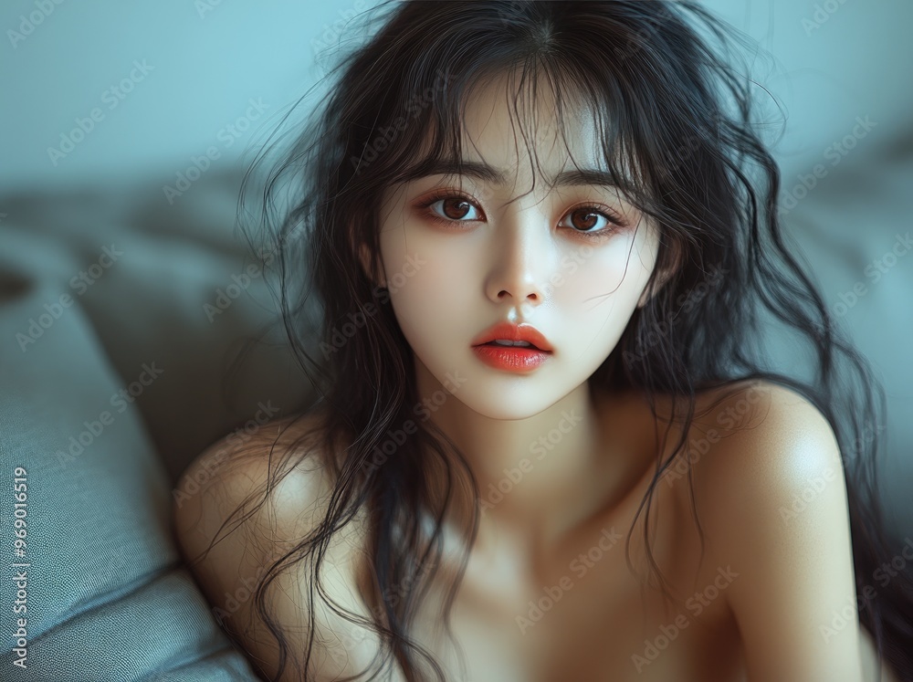 Portrait of pretty young Korean, Japanese, Chinese woman, girl sitting naked, with naked shoulders on sofa, lying in her bed Portrait of pretty young Korean, Japanese, Chinese woman, girl sitting naked, with naked shoulders on sofa, lying in her bed