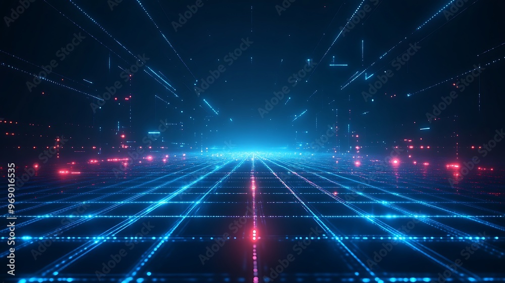 Futuristic digital landscape with glowing grid, beams of light, and vibrant colors, perfect for technology and gaming themes. Futuristic digital landscape with glowing grid, beams of light, and vibrant colors, perfect for technology and gaming themes.