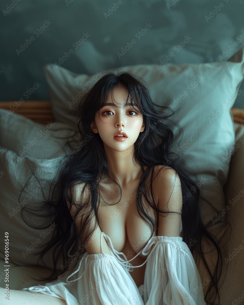 Portrait of young pretty korean, japanese, chinese woman with big breast, girl, teen wearing home dress, nightie with naked shoulders and deep neckline lying in bed