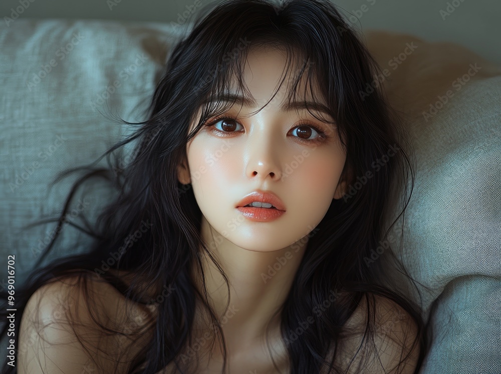 Portrait of pretty young Korean, Japanese, Chinese woman, girl sitting naked, with naked shoulders on sofa, lying in her bed Portrait of pretty young Korean, Japanese, Chinese woman, girl sitting naked, with naked shoulders on sofa, lying in her bed