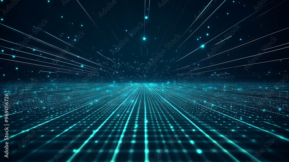 Futuristic digital landscape with glowing grid and dynamic light rays creating a mesmerizing perspective. Futuristic digital landscape with glowing grid and dynamic light rays creating a mesmerizing perspective.