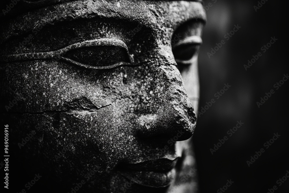 Black and white close-up of an ancient Egyptian queen statue, highlighting the weathered texture of the stone in a timeless and vintage style Black and white close-up of an ancient Egyptian queen statue, highlighting the weathered texture of the stone in a timeless and vintage style