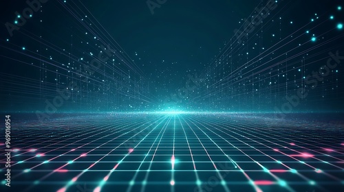 Futuristic digital landscape with glowing grid and vibrant lights  perfect for technology and sci-fi visuals.