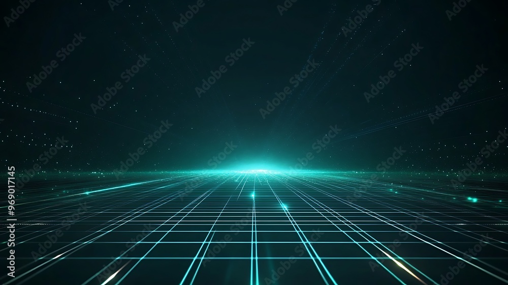 Futuristic digital landscape with glowing grid lines and a vibrant blue light source, creating an immersive 3D perspective. Futuristic digital landscape with glowing grid lines and a vibrant blue light source, creating an immersive 3D perspective.