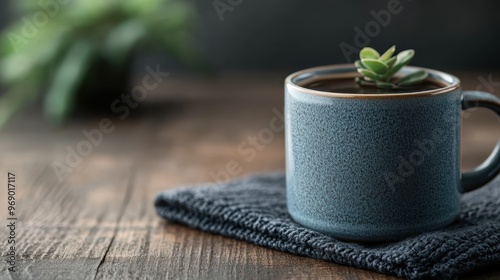 A serene image of a ceramic blue mug with a succulent plant inside, beautifully set on a wooden table with a blurred green plant in the background, evoking tranquility.