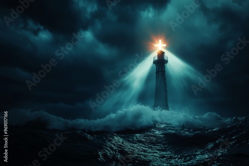 Lighthouse with Glowing Christian Cross Shines Through Stormy Night, Waves Crashing in Violent Ocean