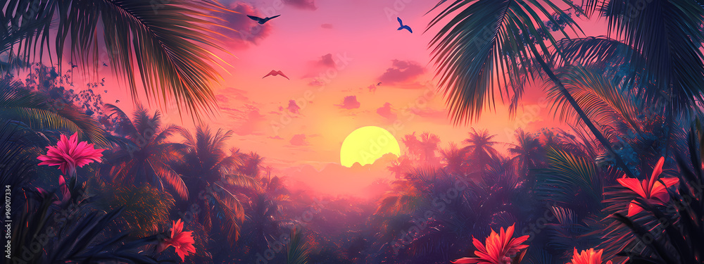 Tropical Sunset with Neon Palm Leaves Tropical Sunset with Neon Palm Leaves