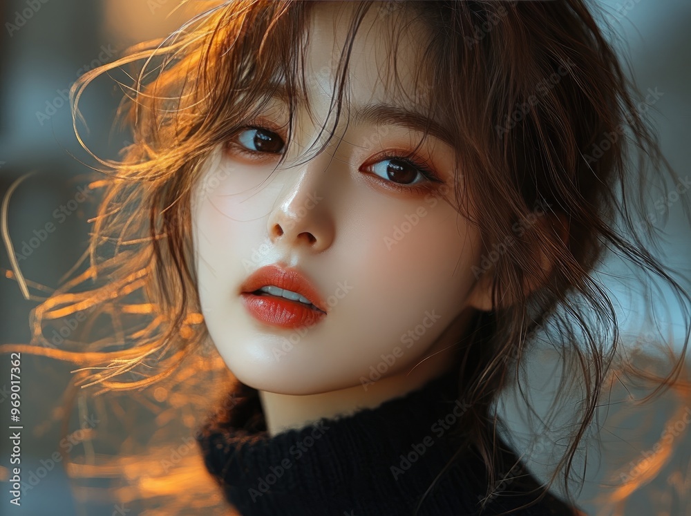 Portrait of young beautiful, pretty japanese woman, girl, teen wearing knitted sweater on background of grey wall