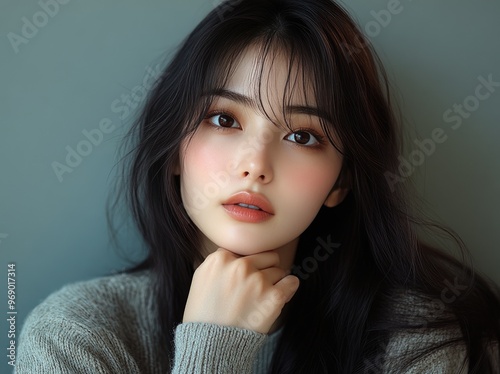 Portrait of young beautiful, pretty japanese woman, girl, teen holding hand at her chin, face wearing knitted sweater on background of grey wall photo