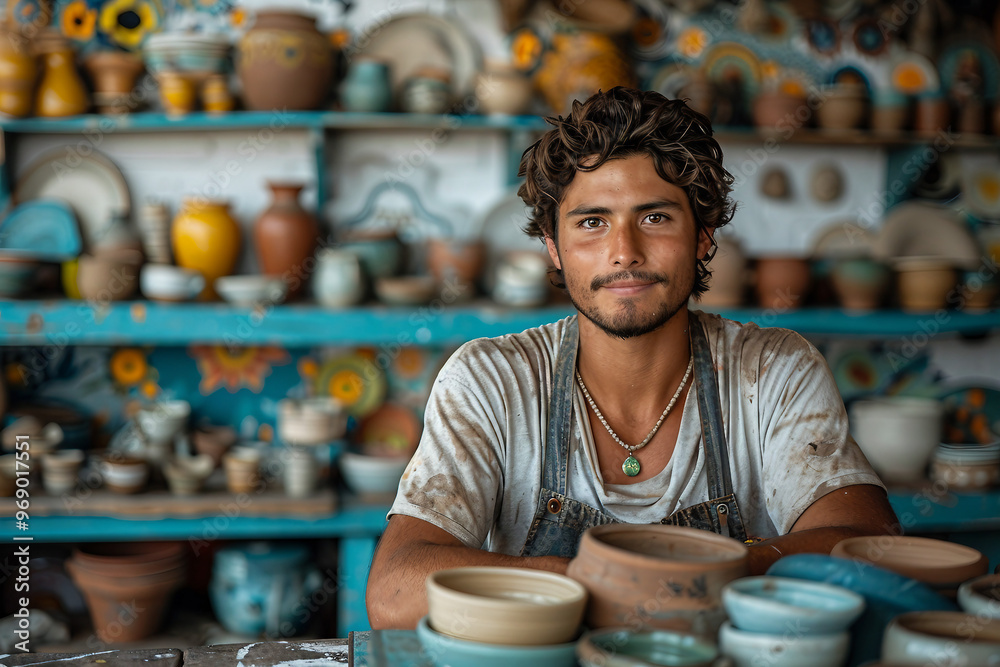 Generative AI realistic photo in pottery workshop artist shop owner working with clay hobby Generative AI realistic photo in pottery workshop artist shop owner working with clay hobby