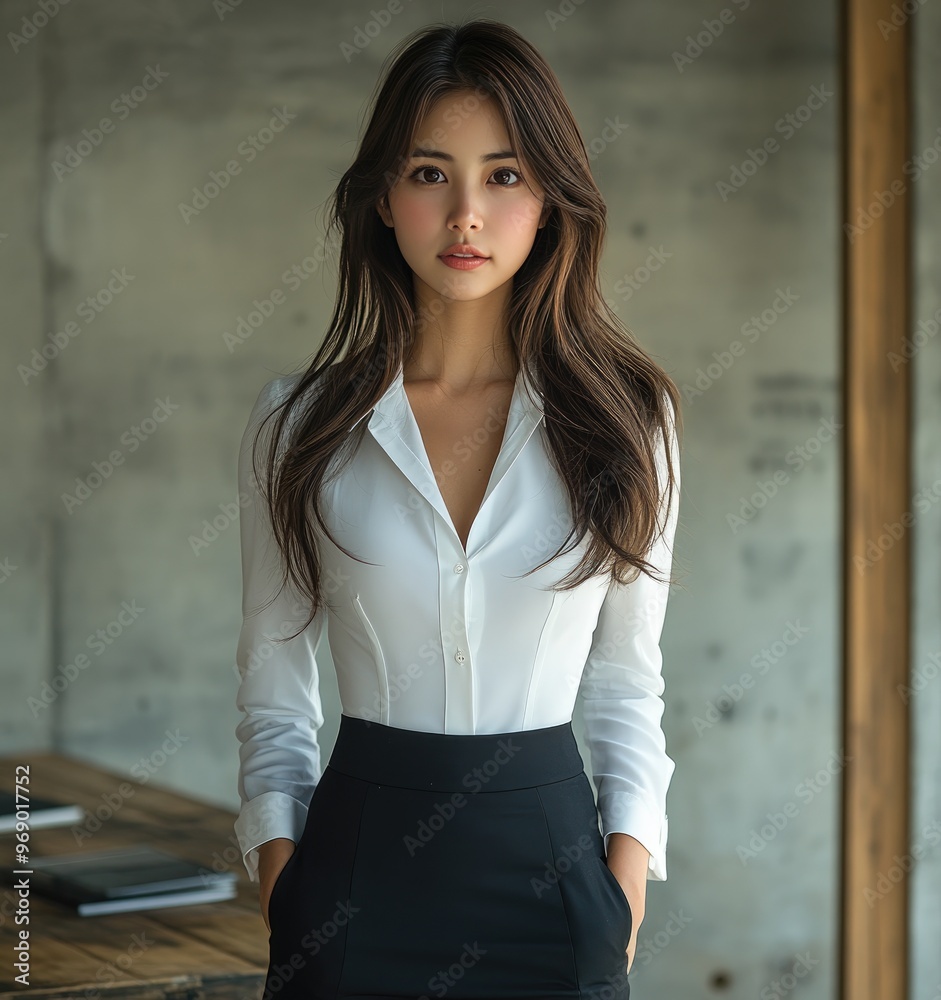 Young beautiful Japanese, Chinese, Korean woman, girl, schoolgirl, pupil, student in white shirt, blouse and black pencil skirt standing in room