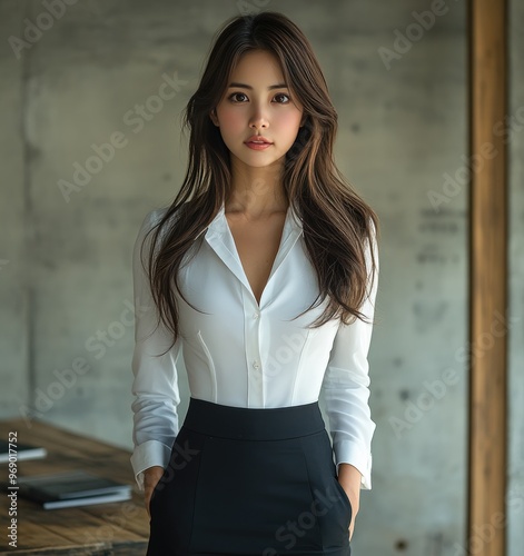 Obraz na płótnie Young beautiful Japanese, Chinese, Korean woman, girl, schoolgirl, pupil, student in white shirt, blouse and black pencil skirt standing in room w salonie