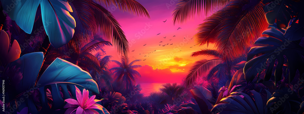 Tropical Sunset with Neon Palm Leaves Tropical Sunset with Neon Palm Leaves
