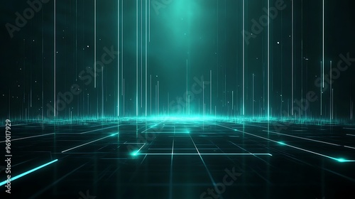 Futuristic digital landscape with glowing lines and a vibrant teal aura, perfect for technology and sci-fi themes.