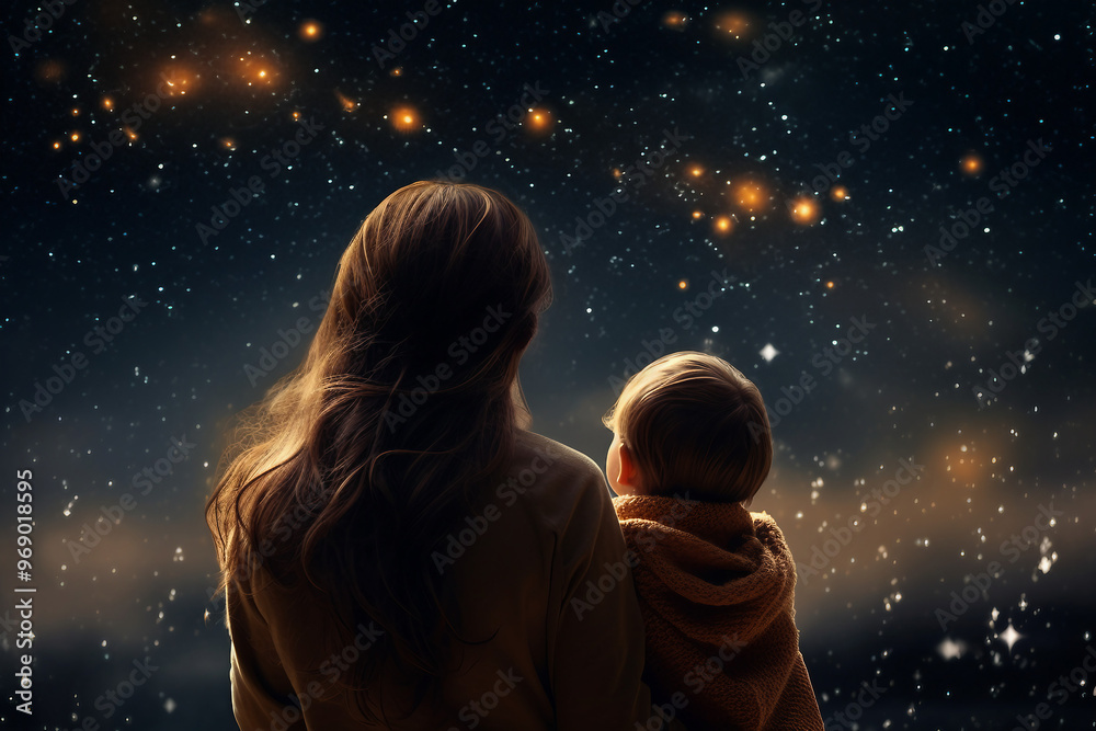 Obraz premium AI generated rear view photo of happy family time together looking sky