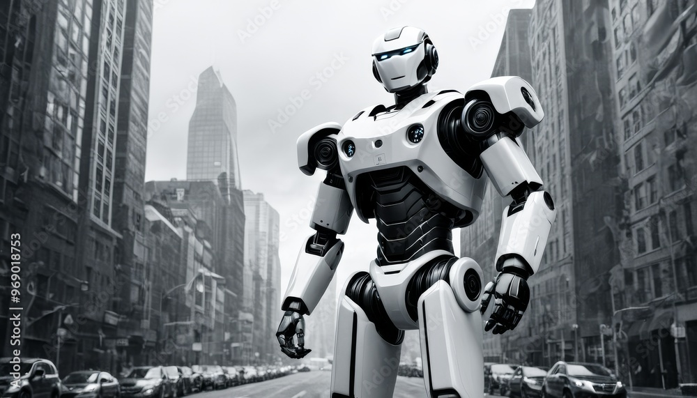 A humanoid robot stands tall in the middle of a futuristic cityscape, surrounded by towering skyscrapers and modern architecture. The monochrome setting adds a dramatic effect, symbolizing the A humanoid robot stands tall in the middle of a futuristic cityscape, surrounded by towering skyscrapers and modern architecture. The monochrome setting adds a dramatic effect, symbolizing the