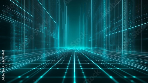 Futuristic digital landscape with glowing lines and grid patterns, creating a sense of depth and technology.