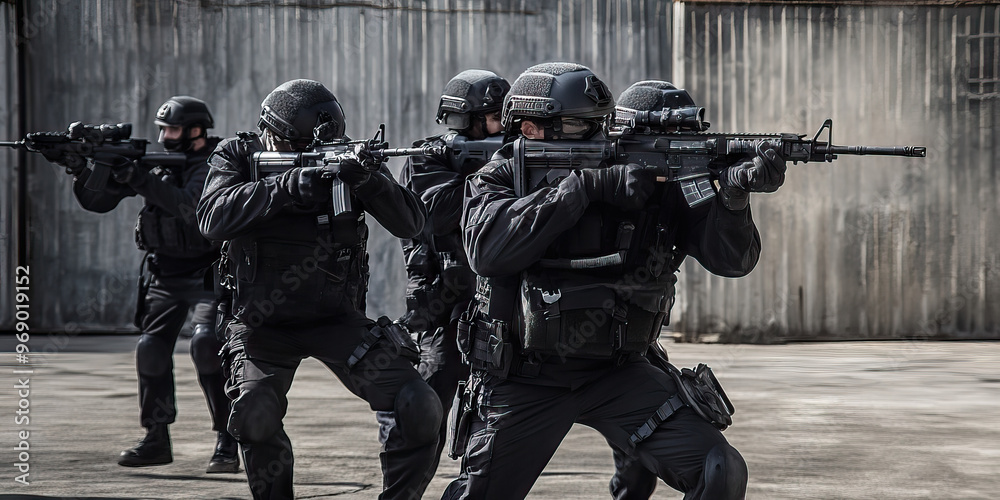 S.W.A.T. Simulation - A group of SWAT team members in training, participating in a realistic simulation exercise at an abandoned warehouse. S.W.A.T. Simulation - A group of SWAT team members in training, participating in a realistic simulation exercise at an abandoned warehouse.