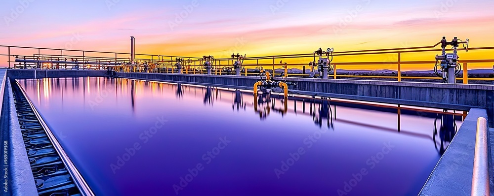 Industrial wastewater treatment, panoramic view with sedimentation tanks, aerators, control valves, at sunset, warm tones, sustainable, environmental technology