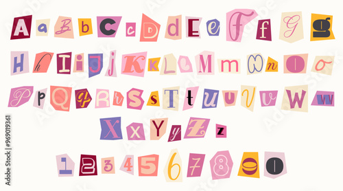 Set of colorful anonymous font. Magazine cutout alphabet. Cuts from newspaper. Letters on pieces of paper in different colors. Retro grunge criminal alphabet set. For anonymous message