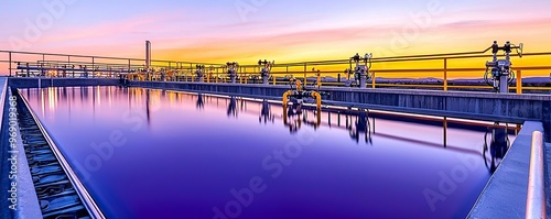 Obraz na płótnie Industrial wastewater treatment, panoramic view with sedimentation tanks, aerators, control valves, at sunset, warm tones, sustainable, environmental technology w salonie