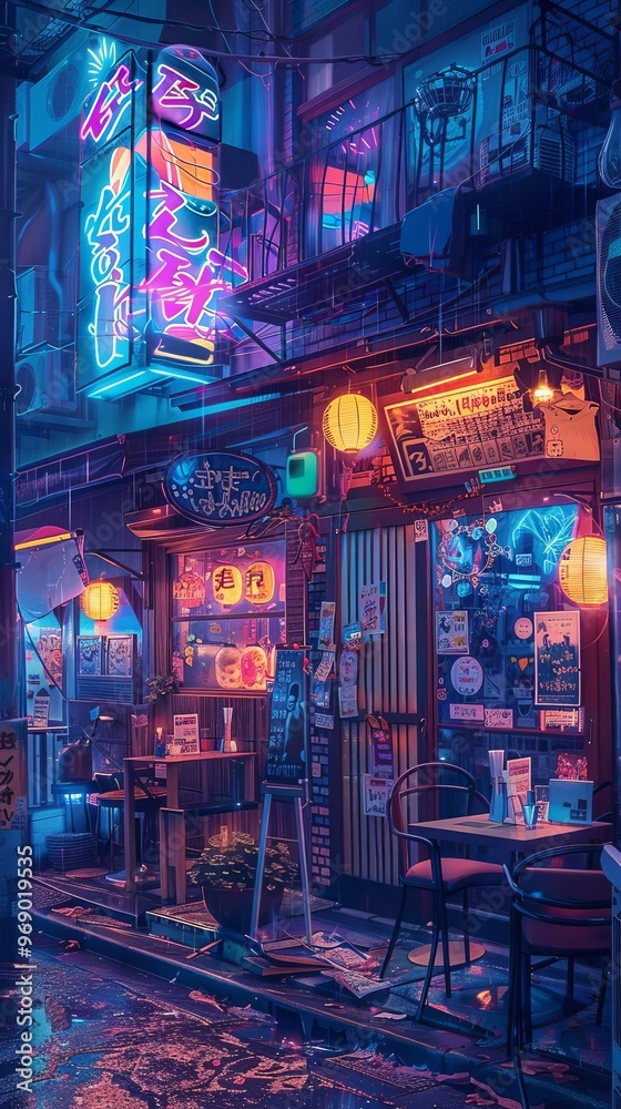 Anime cafe with neon signs, vibrant colors, glowing windows, cozy atmosphere, detailed interior, bustling scene, neon lights, night vibe, urban feel Anime cafe with neon signs, vibrant colors, glowing windows, cozy atmosphere, detailed interior, bustling scene, neon lights, night vibe, urban feel