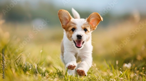 The Joyful Moment of a Puppy Running Through Lush Spring Grass