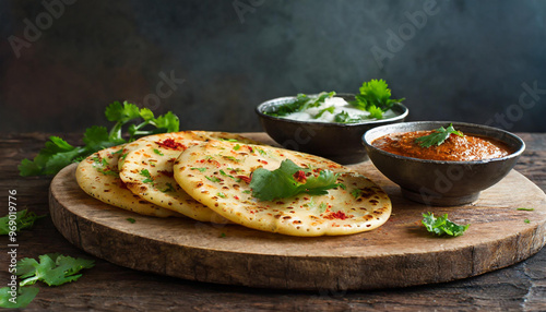 Dosa with chatni served on wooden board, south indian breakfast 