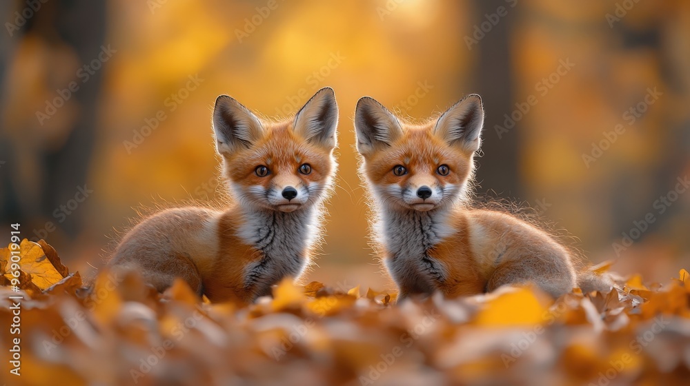Obraz premium Two adorable fox cubs sitting on fallen leaves in an autumn forest, with warm golden hues highlighting the beauty of the season.