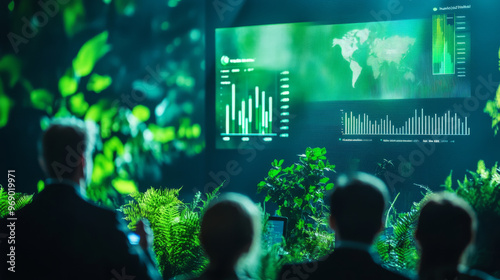 Sustainability conference with industry leaders discussing global environmental challenges, large screens showing green statistics