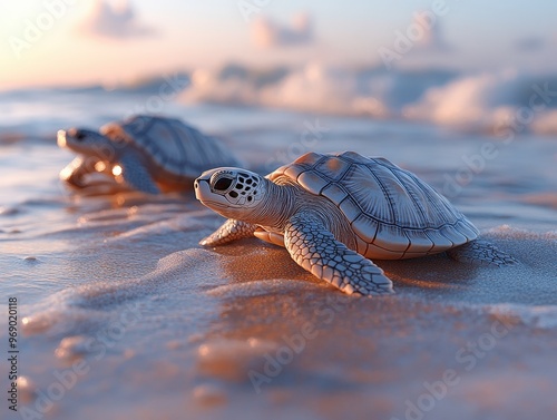 Two baby sea turtles making their way across the sandy beach towards the ocean at sunset.