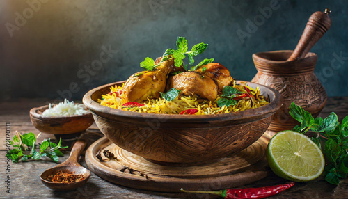 Delicious chicken biryani served in wooden bowl 